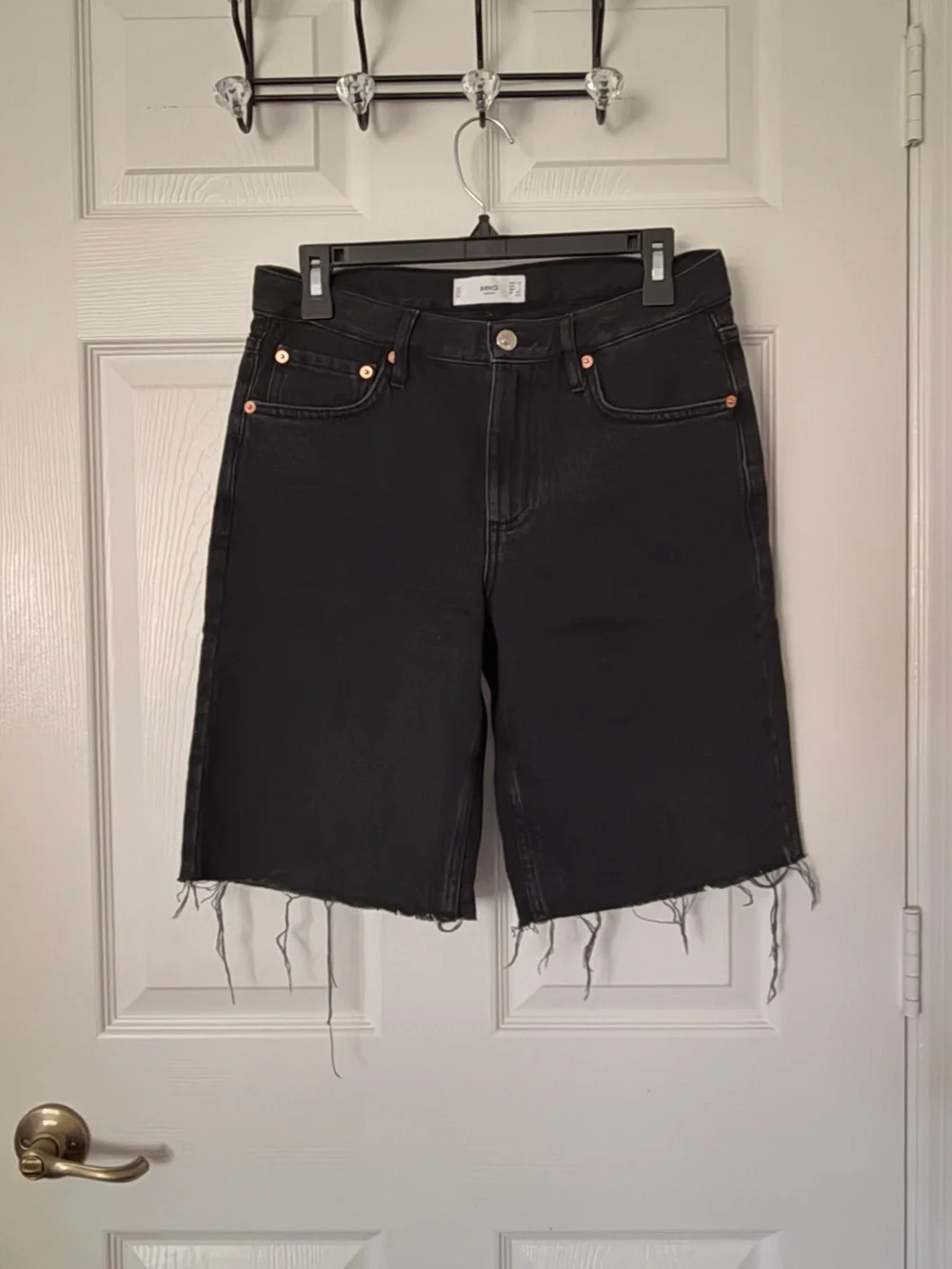 High-Rise Black Frayed Hem Denim Bermudas